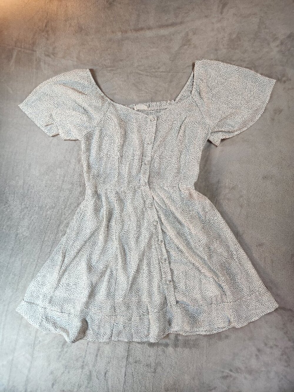 Sienna Sky White/Black Polka Dot Square Neck Smocked Button A-Line Dress L